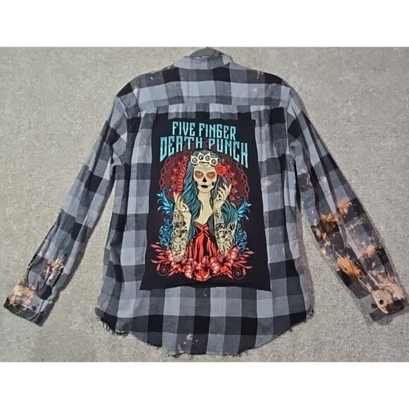 Tops - OOAK Upcycled Flannel Shacket Shirt Five Finger Death Punch FFDP Boyfriend Fit L